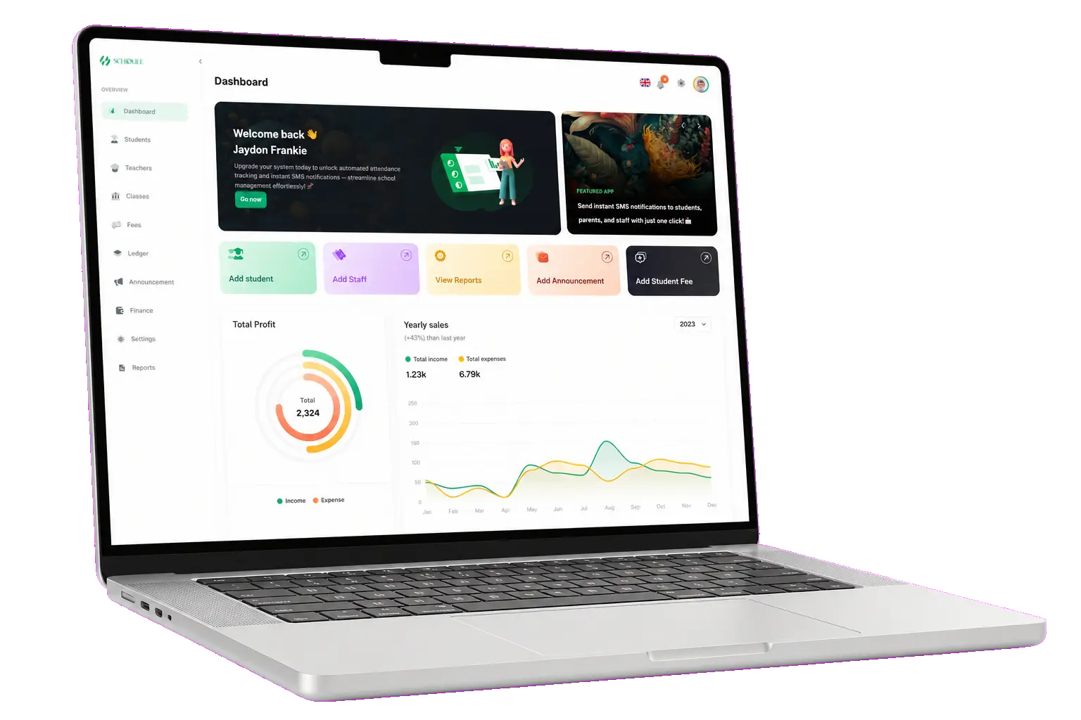 Schooliee Executive Dashboard Console on a modern laptop